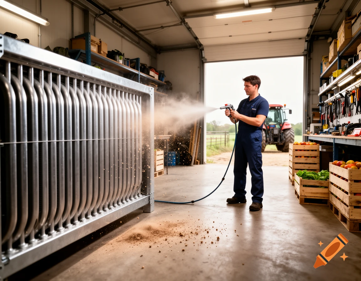 A man in overalls sprays a large cooling unit in a garage, with a tractor visible outside.