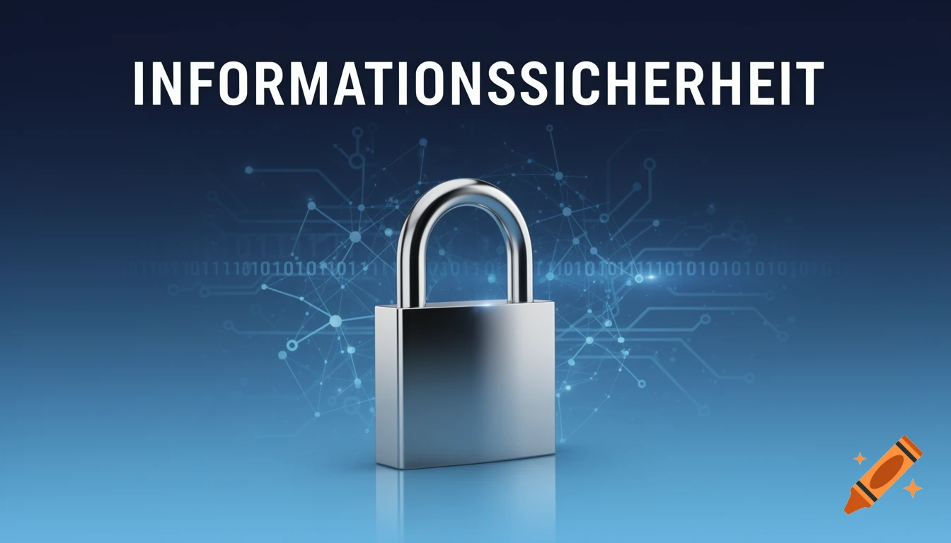 A shiny silver padlock centered on a dark blue background with abstract digital network lines and binary code. Text reads 'INFORMATIONSSICHERHEIT'.