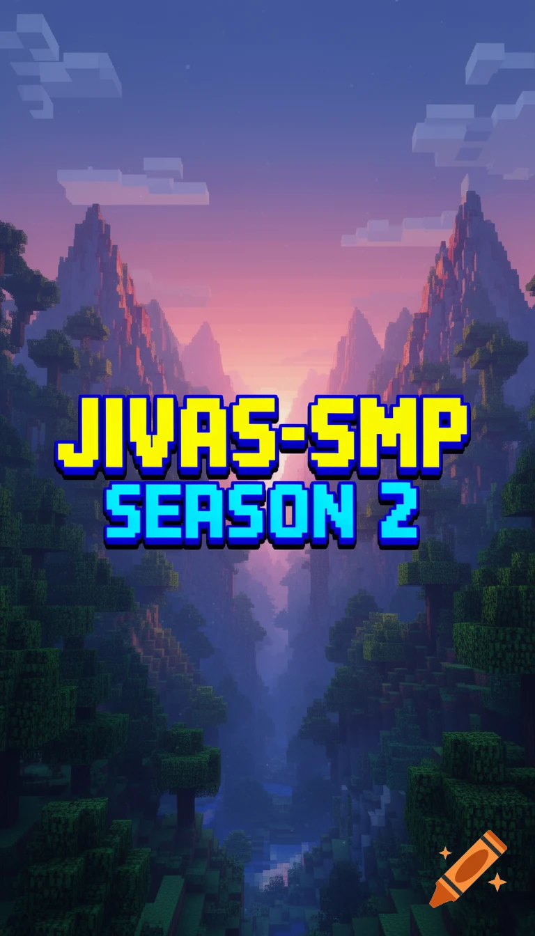 JIVAS-SMP Season 2 text over a pixelated Minecraft-style landscape with mountains, trees, and a river under a sunset sky.