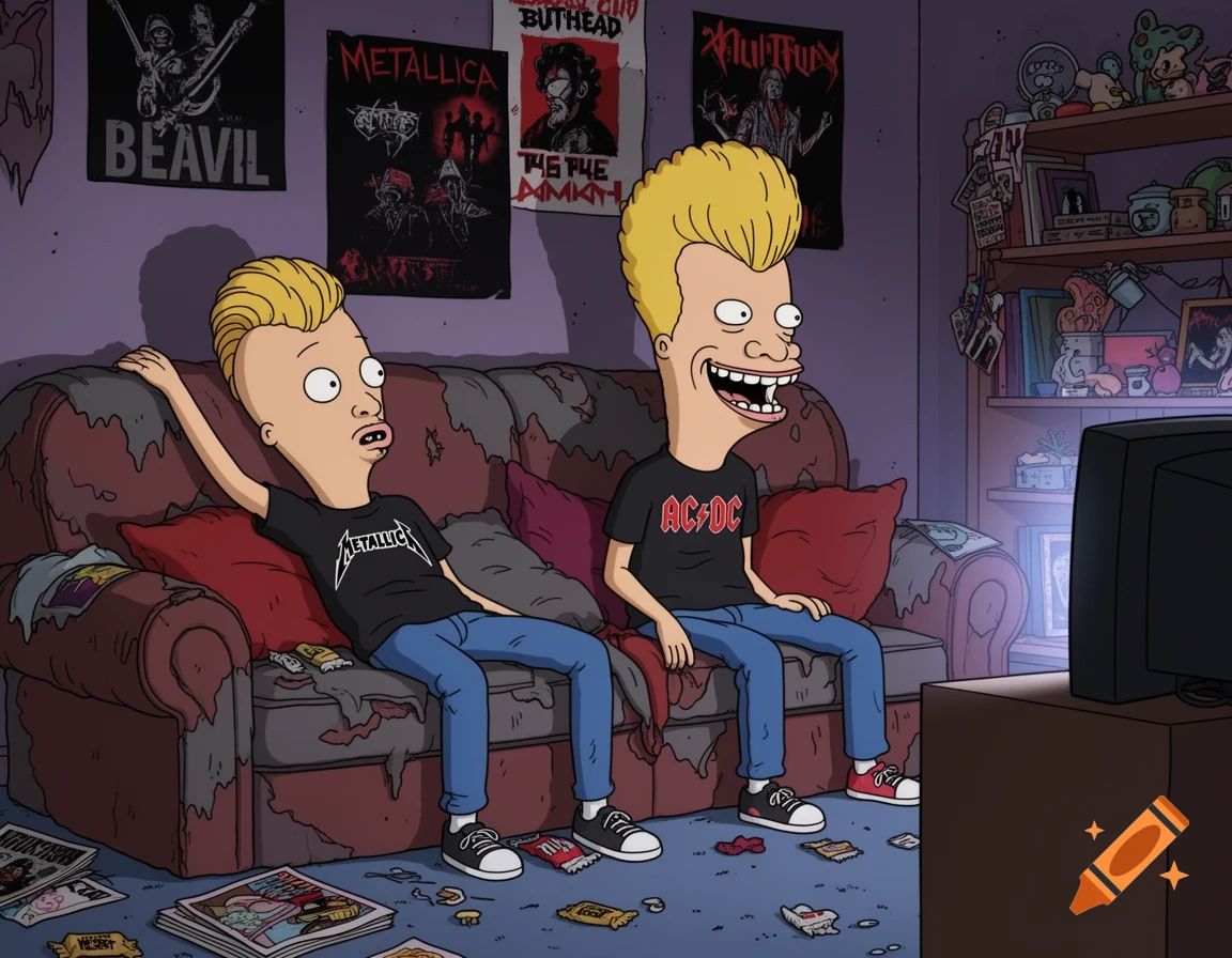 Beavis and Butthead, both wearing band shirts, sit on a worn couch in a messy living room, watching TV.