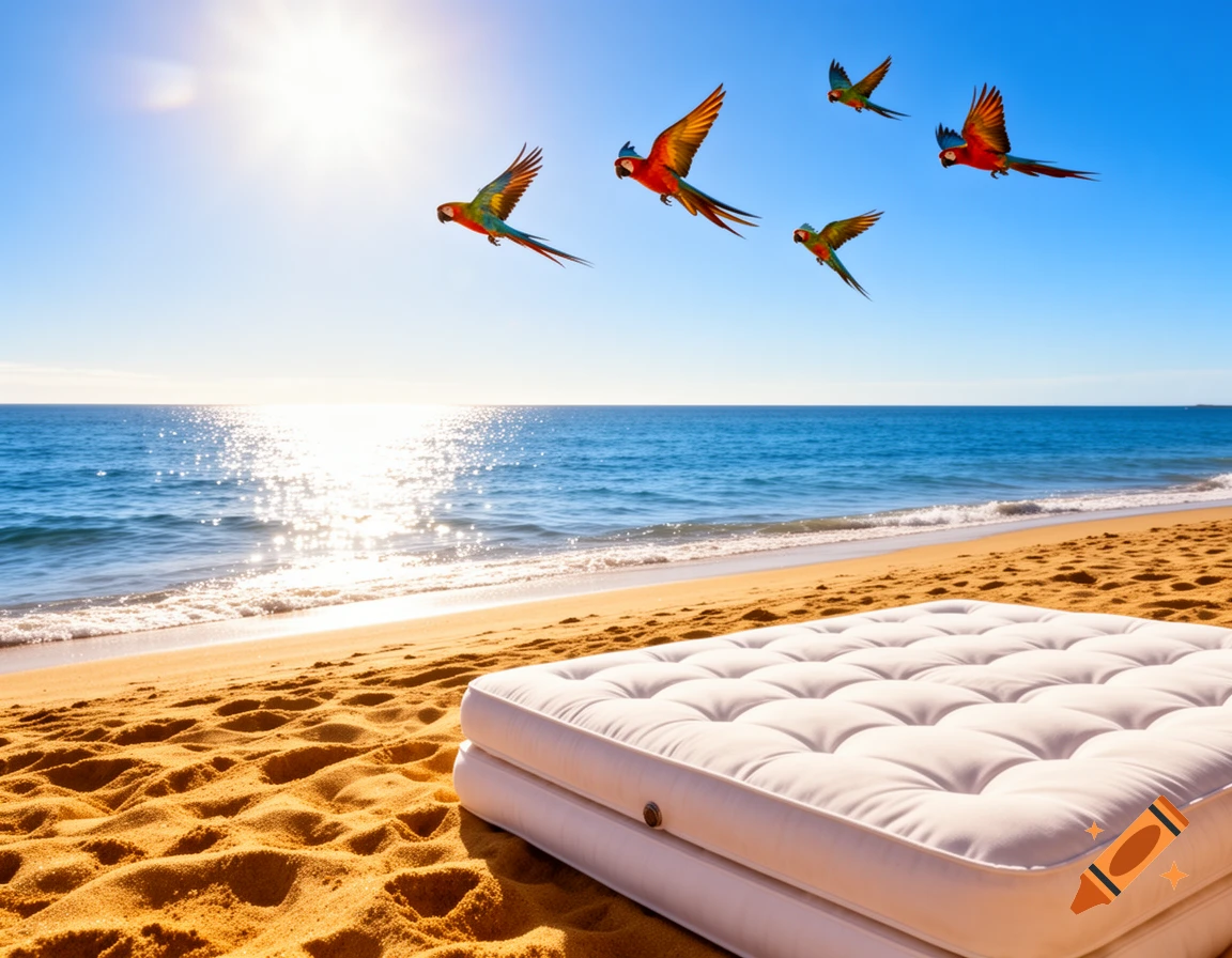 Four colorful parrots fly over a sunny beach with a white mattress on the golden sand and blue sparkling ocean.