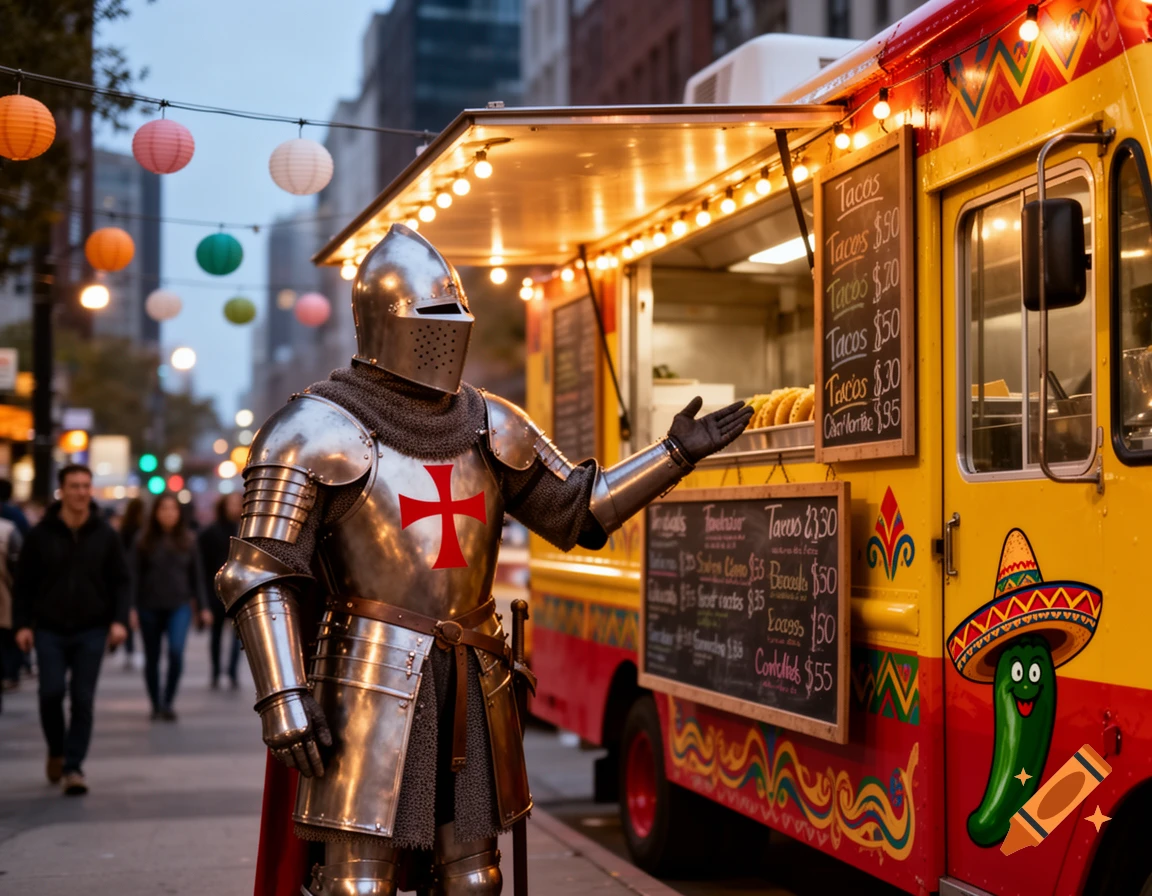 A knight Templar in full armor stands next to a yellow taco truck, gesturing towards the menu boards hanging on the side in a bustling city street. Colorful paper lanterns are strung overhead.
