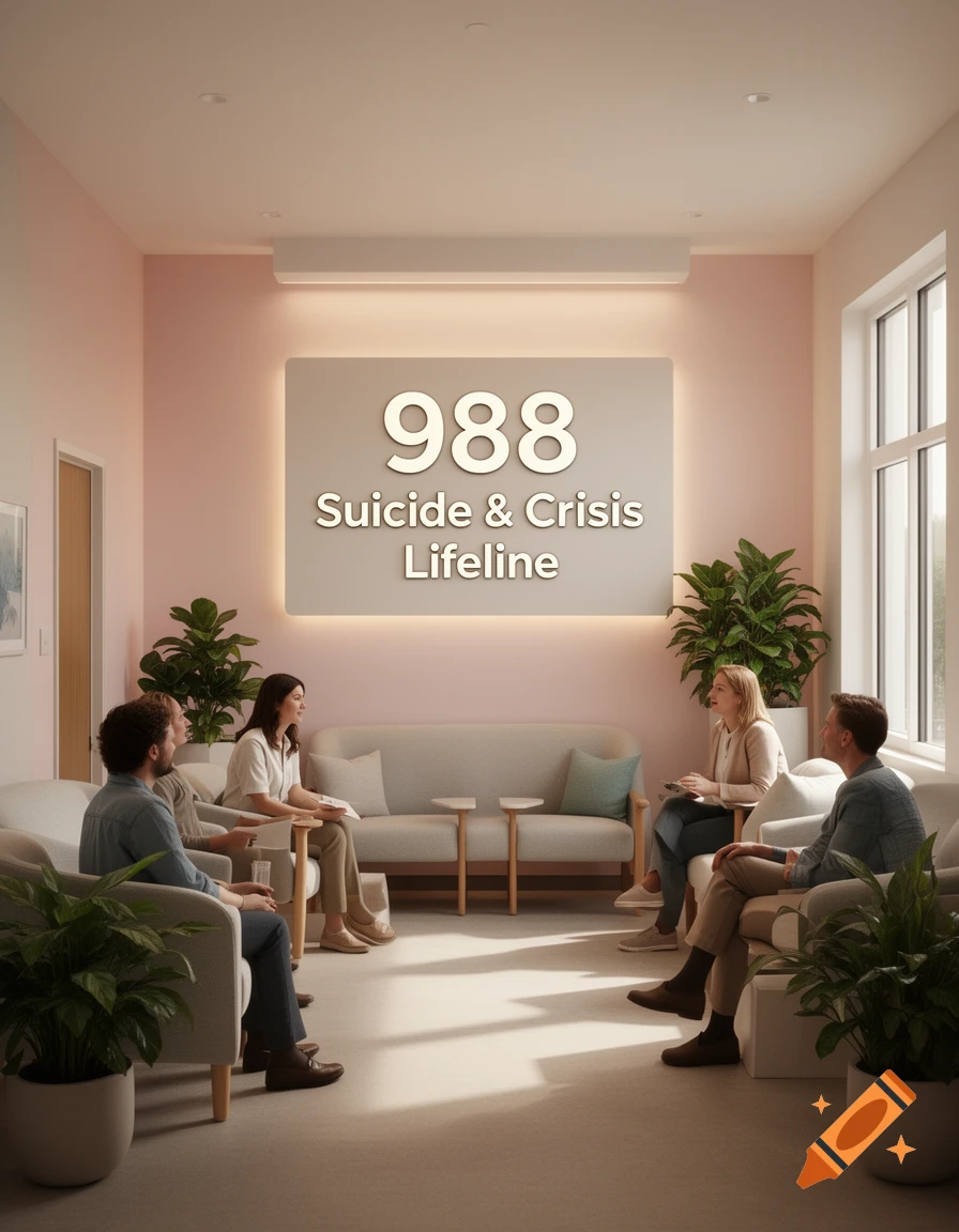 Photorealistic image of people sitting in a modern, light-pink room with a sign on the wall reading '988 Suicide & Crisis Lifeline'.
