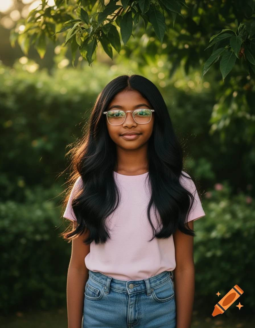 A young girl with long black hair, brown skin, and glasses smiles in a sun-dappled outdoor setting with green foliage.