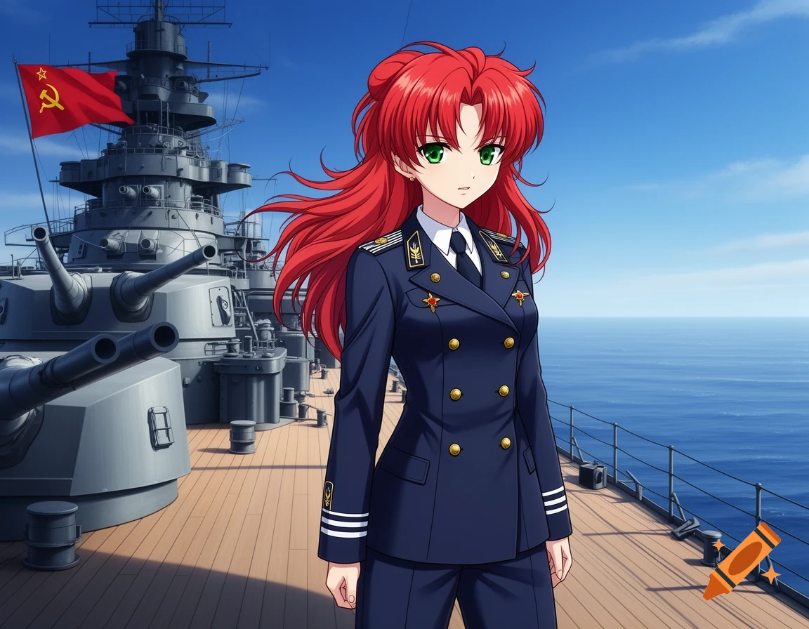 An anime girl with red hair and green eyes in a navy blue Soviet military uniform stands on a battleship deck with a Soviet flag, at sea.