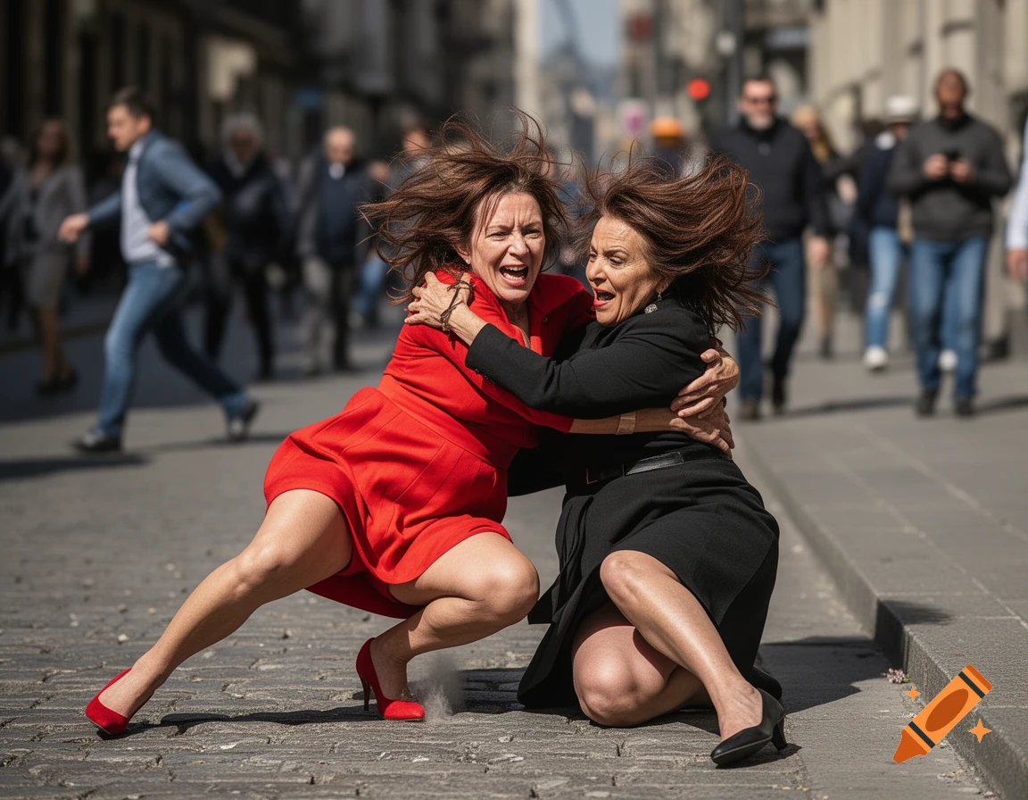 Two mature women grappling and falling dramatically on a city street, one in a red dress, the other in black, with hair flying.