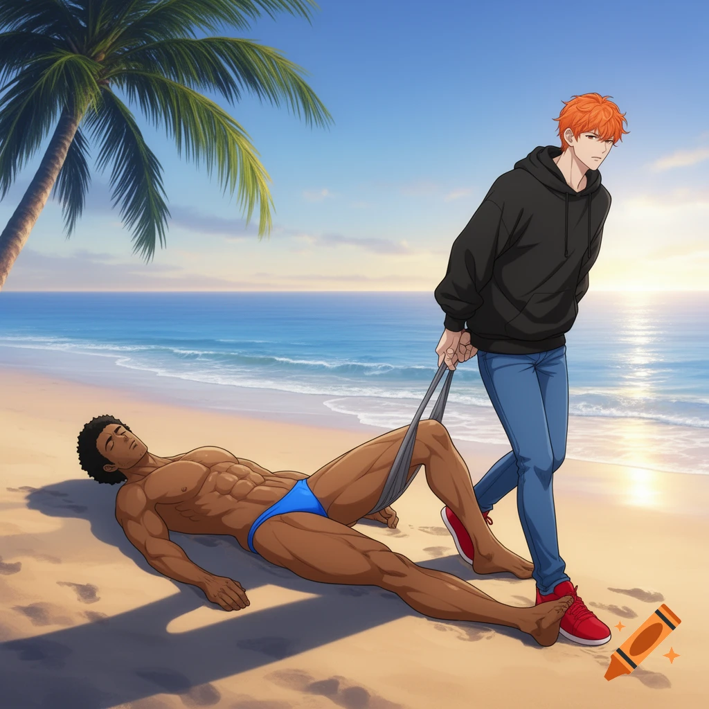 Anime man in a black hoodie dragging a muscular man in a blue thong on a sunny beach.
