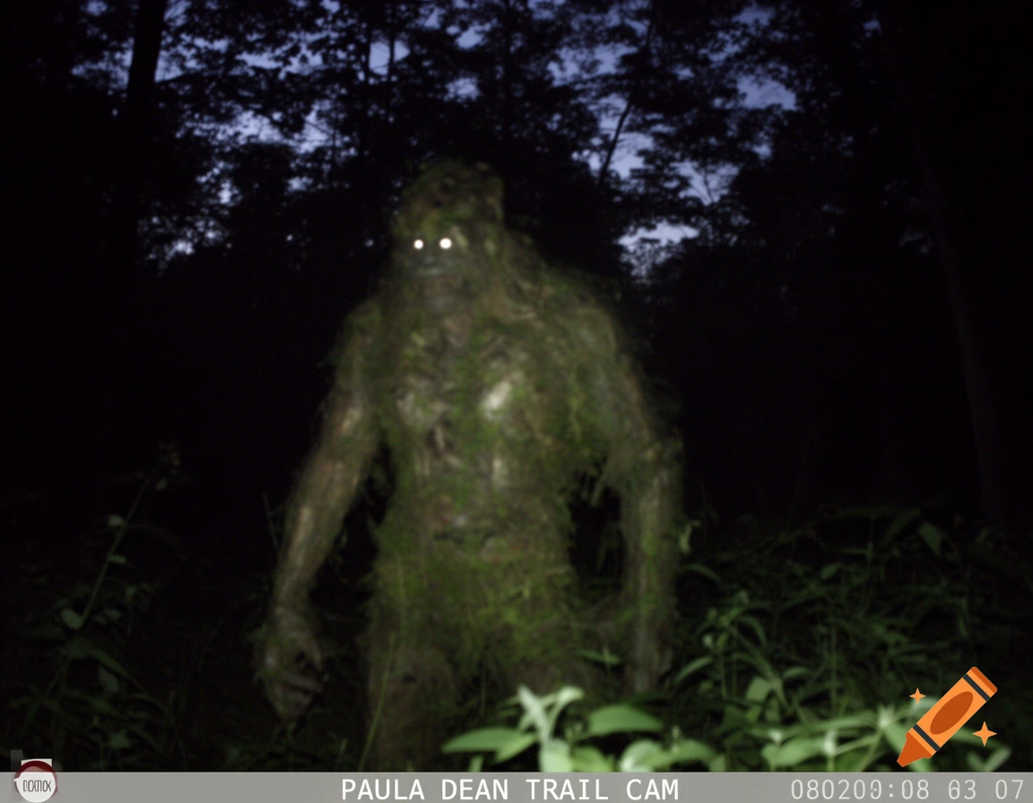 A grainy, dark trail camera photo shows a moss-covered cryptid with glowing eyes standing in a forest at night.