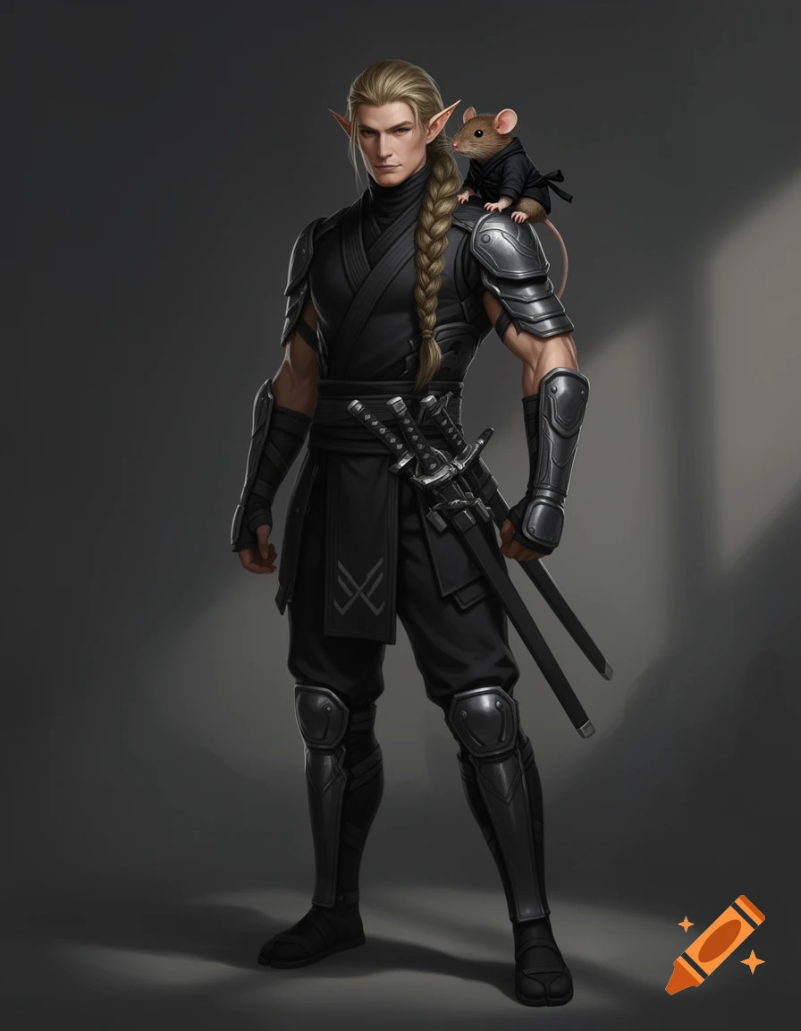 Muscular elf ninja in black armor with a long blonde braid, a small mouse in a ninja outfit on shoulder. Detailed fantasy art.