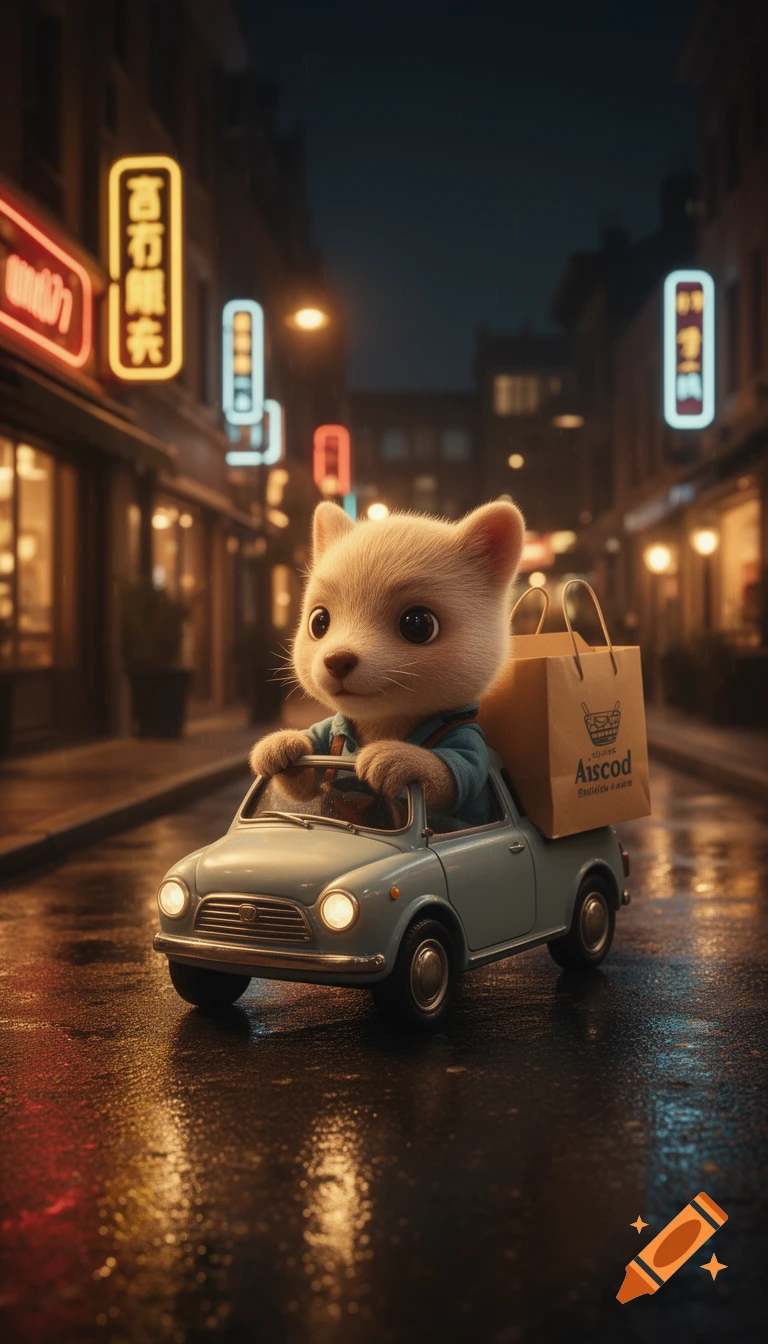 A cute anthropomorphic cat, wearing a blue shirt, drives a light blue mini car at night through a wet city street, with a brown delivery bag in the back. Neon signs glow in the background.