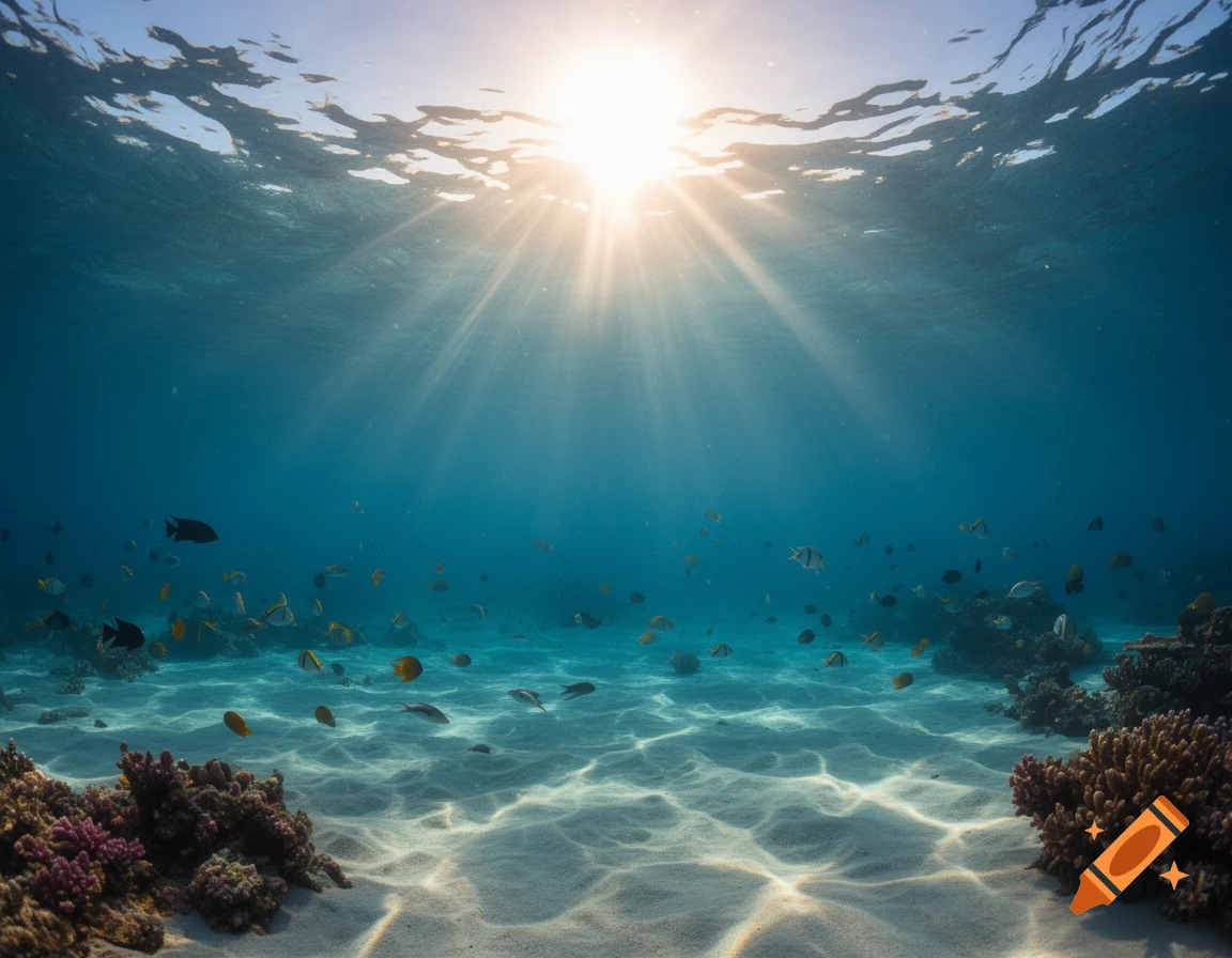 Underwater view of the ocean floor with sunlight shining through the surface, many colorful fish swimming around coral reefs.