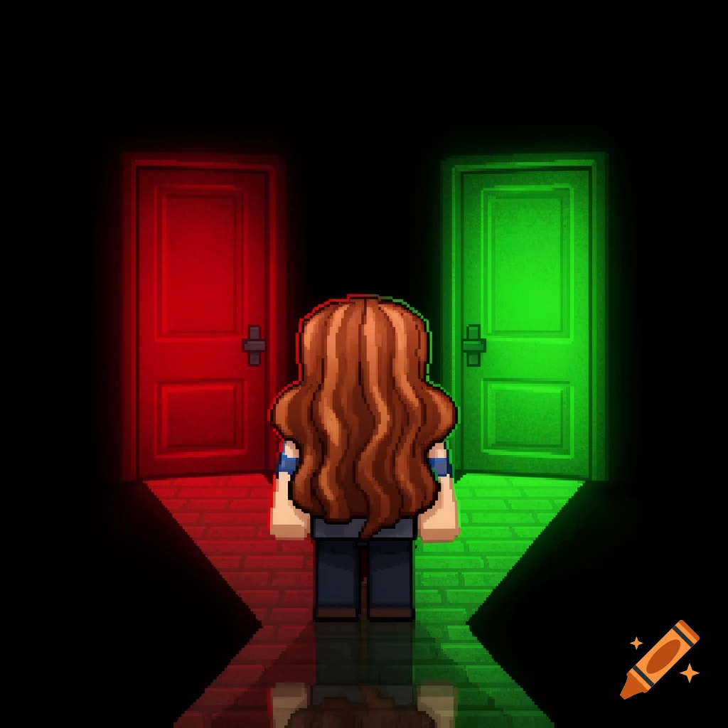 A pixel art character with long brown hair stands facing a red door and a green door in a dark room.