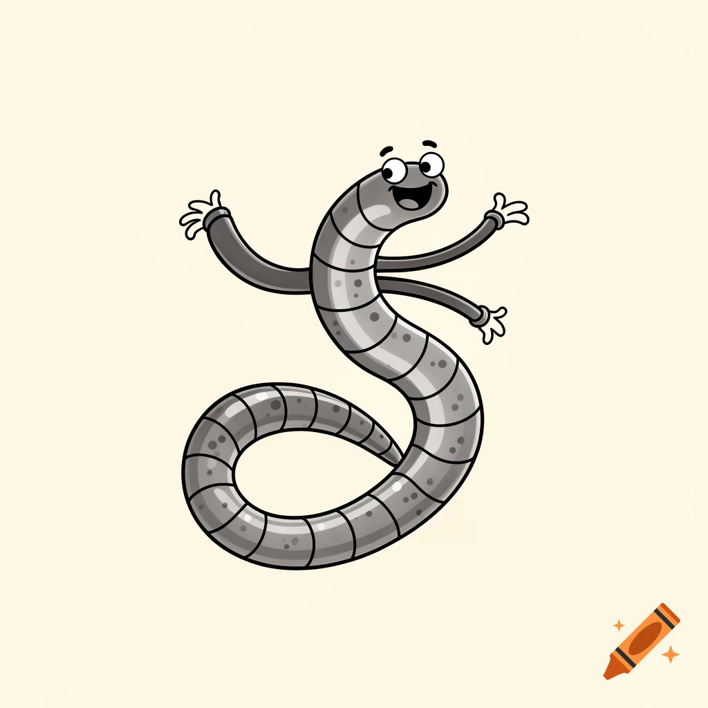 A happy, segmented worm-like creature with arms and cartoon eyes, styled like 1920s rubberhose animation.