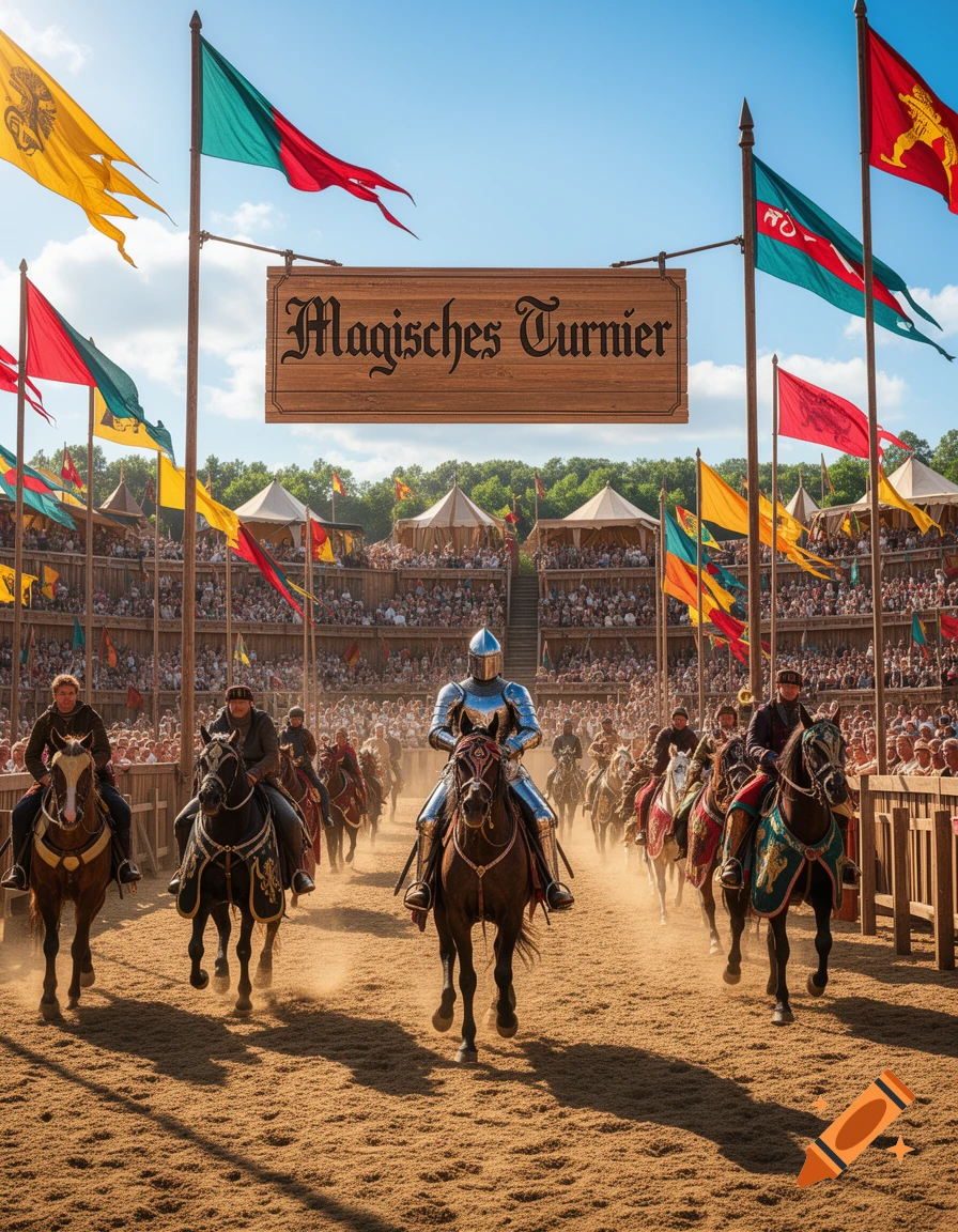 Photorealistic image of knights on horseback in a medieval tournament arena with crowds, beneath a 'Magisches Turnier' sign.
