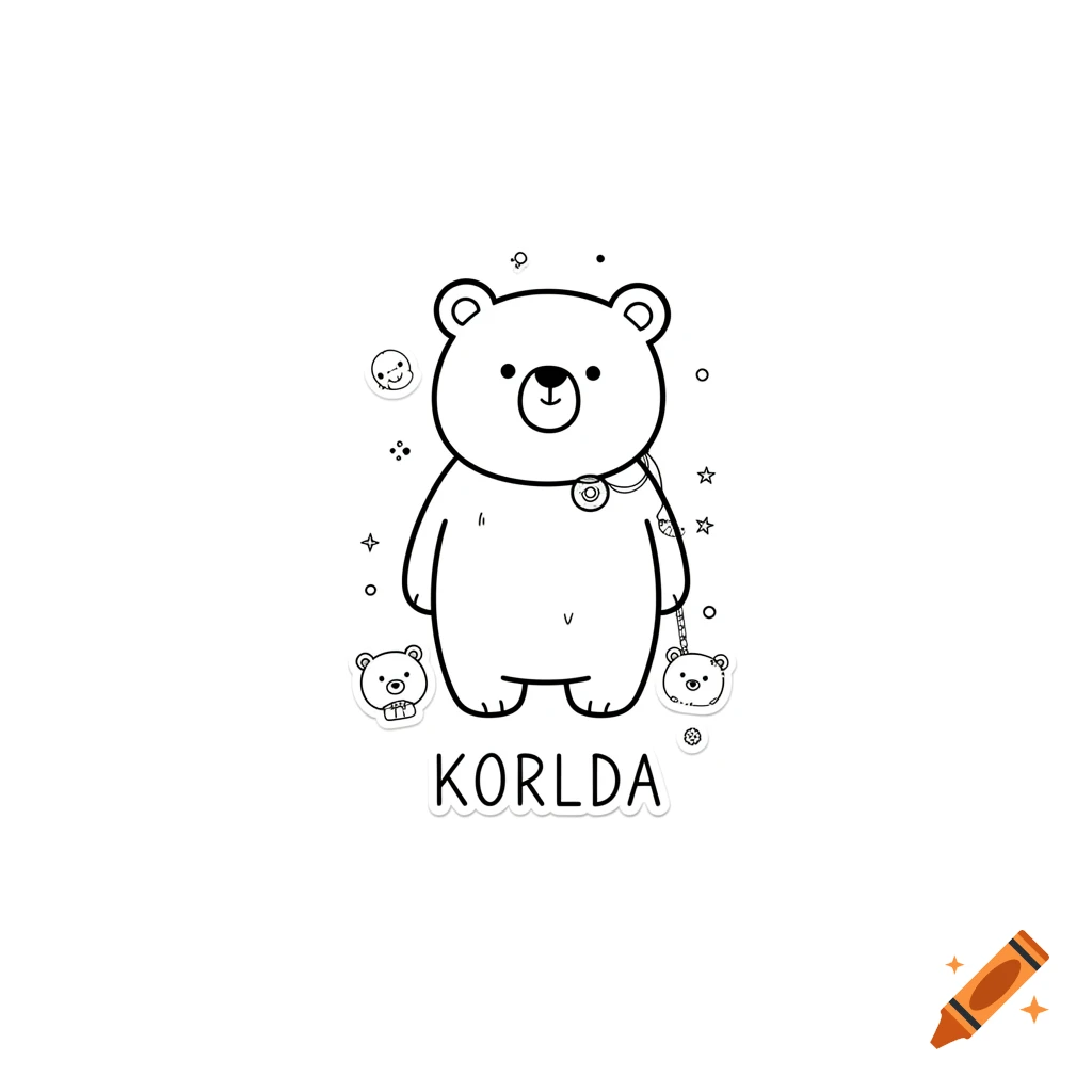 A cute, black and white line art illustration of a bear with smaller bears and decorative elements, and the text KORLDA.