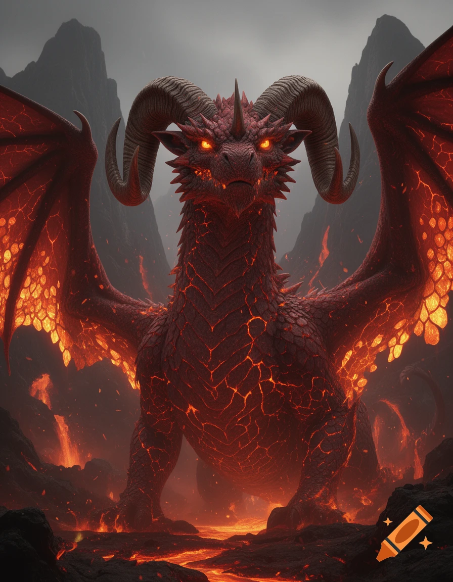 A majestic maroon fire dragon with large ram horns and glowing eyes stands amidst a molten lava landscape under a dark sky.
