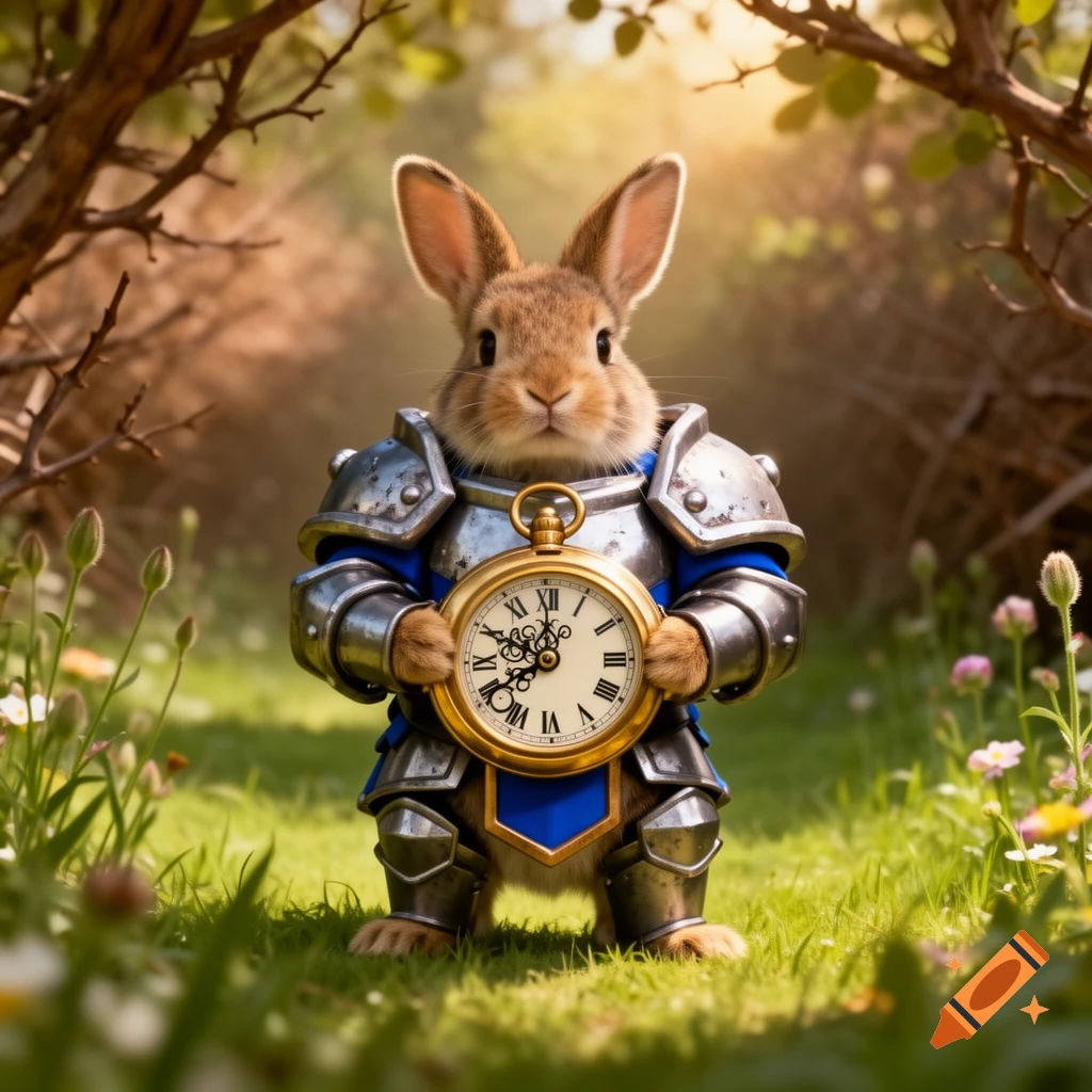 A cute rabbit wearing detailed knight's armor holds a golden pocket watch in a sunlit forest clearing, digital art.