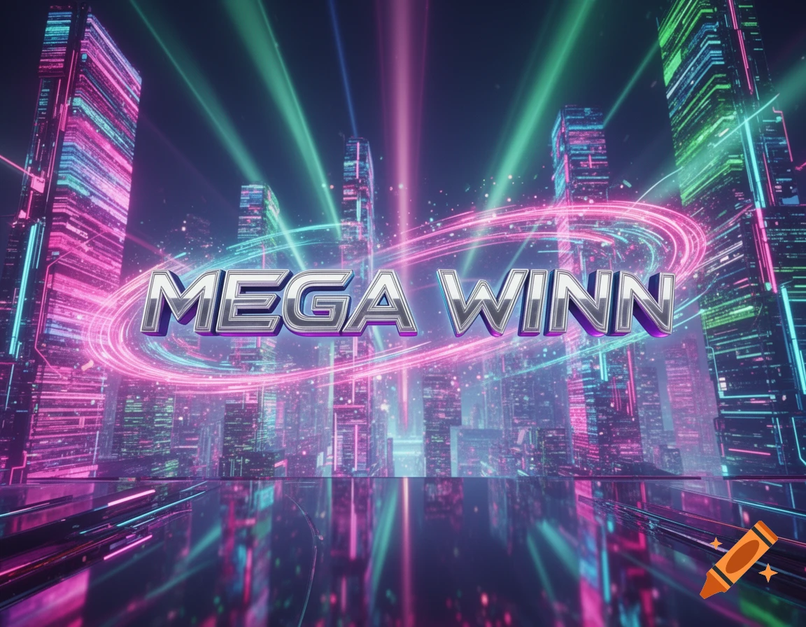 3D chrome text 'MEGA WINN' floats above a neon-lit futuristic cityscape with glowing light trails and reflections.