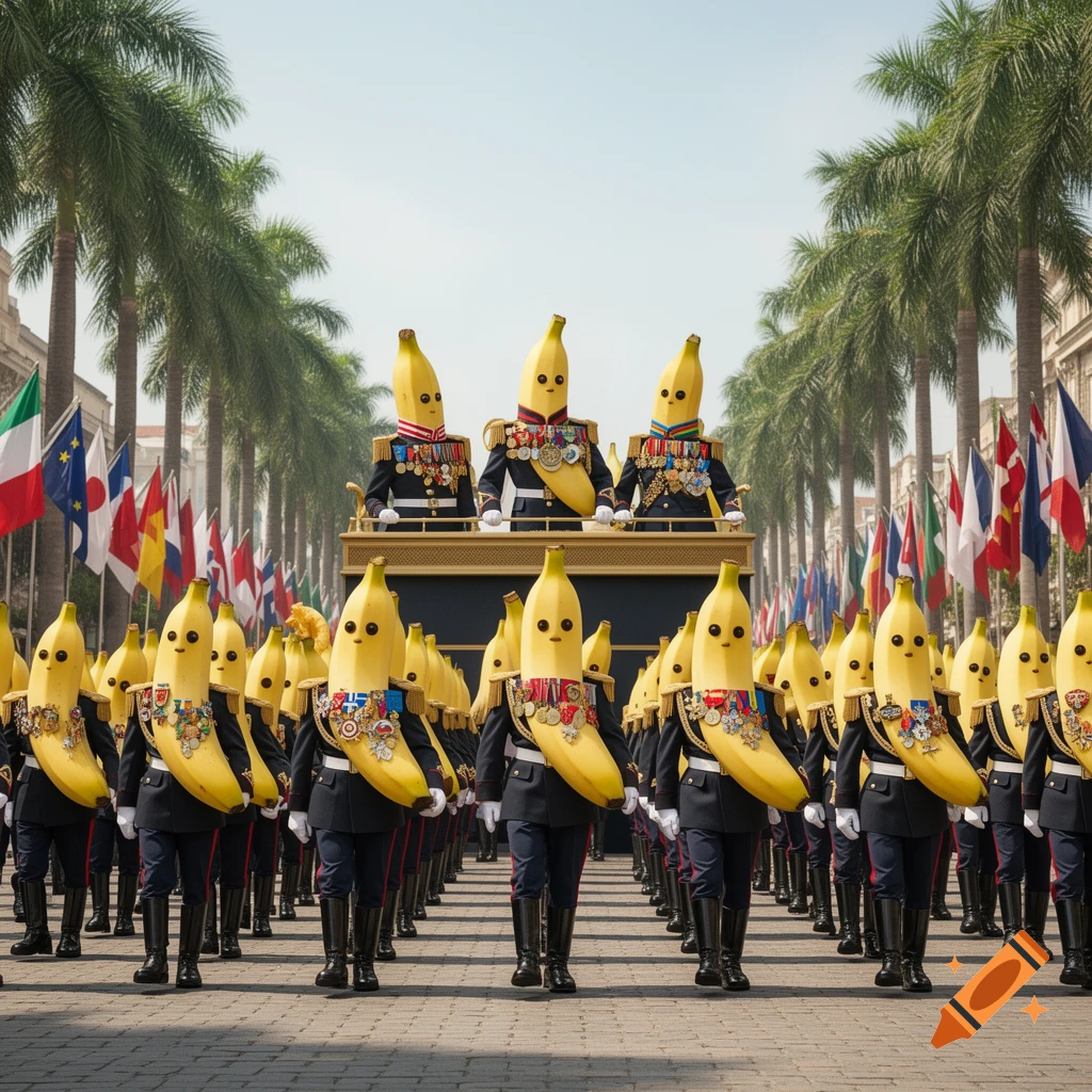 A photorealistic military parade of anthropomorphic bananas in uniforms, with medal-adorned banana leaders on an elevated stand.
