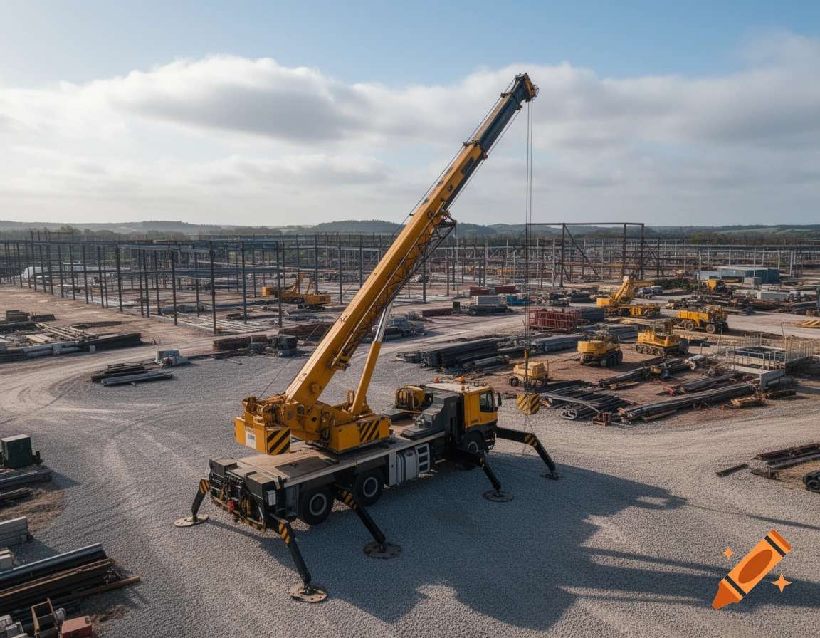 An overhead view of a large yellow lorry-mounted crane on a gravel construction site with a steel framework structure in the background under a blue sky.