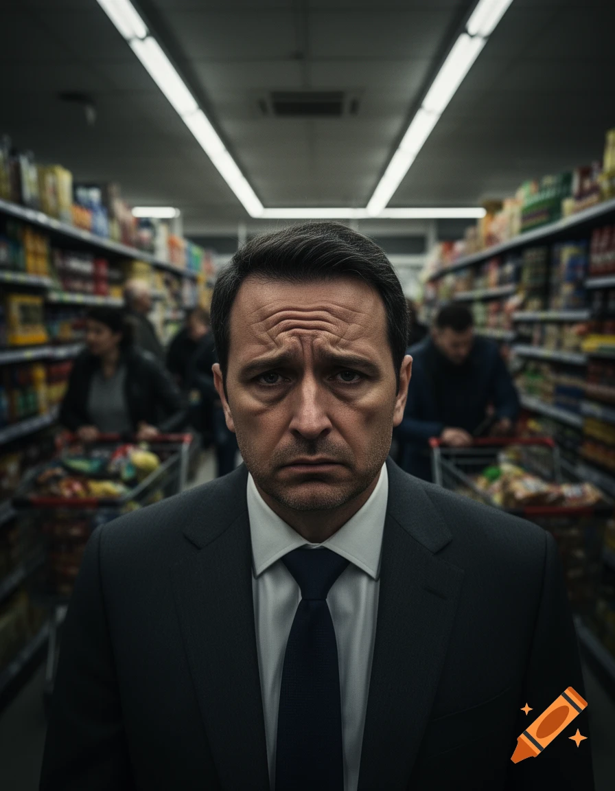 A hyper-realistic cinematic portrait of a stressed man in a dark suit standing in a supermarket aisle.