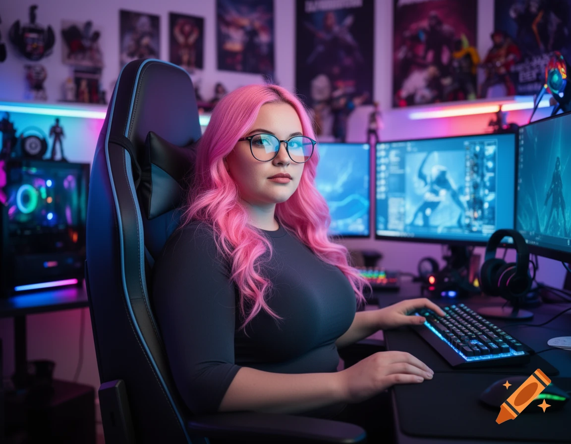 A young woman with pink hair and glasses sits at a glowing gaming setup with multiple monitors, keyboard, and mouse.