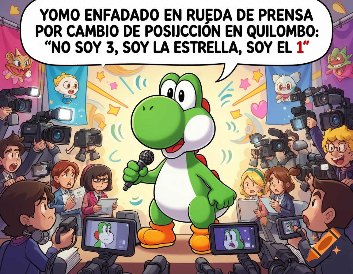 Yoshi, a green cartoon dinosaur, holds a microphone at a press conference, surrounded by reporters and cameras. A speech bubble above reads, "Yomo angry at press conference for position change in Quilombo: 'I am not 3, I am the star, I am 1'". The text has a minor misspelling.