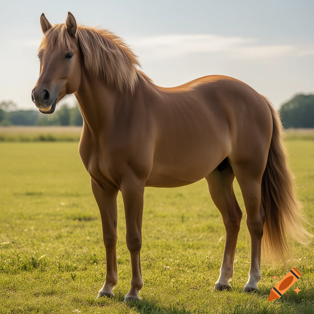 A brown horse with a blonde mane stands in a sunny green field.