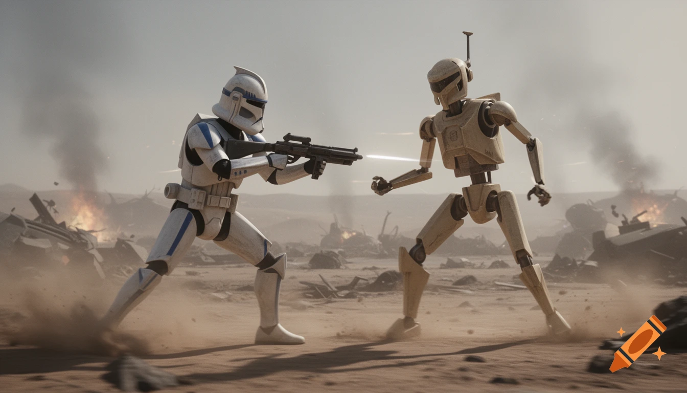 A Clone Trooper fires a blaster at a Battle Droid in a smoky desert battlefield with burning wreckage.