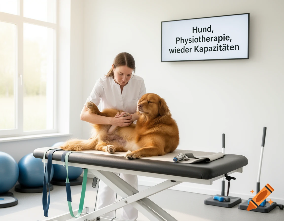 A golden retriever dog lies on a table receiving physiotherapy from a woman in a bright clinic.