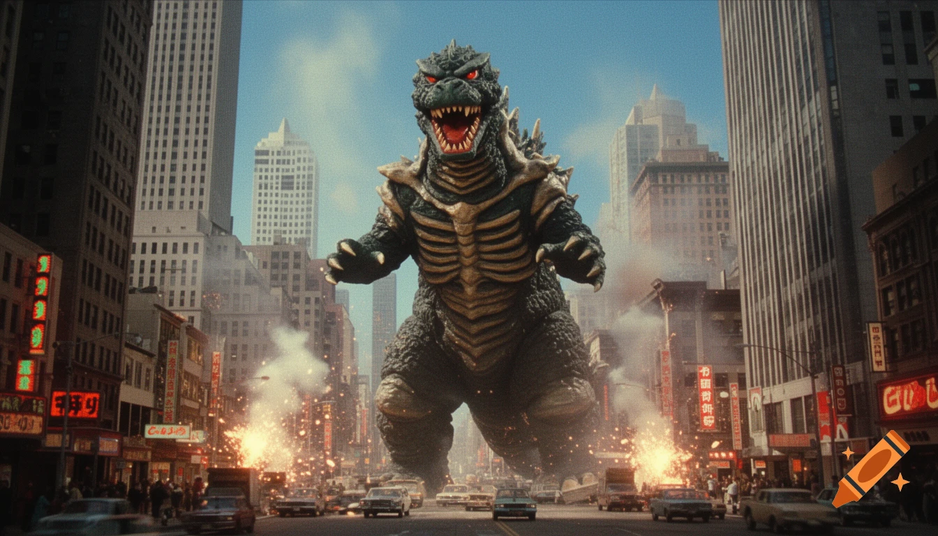 A giant Godzilla-like monster with red eyes and a bony chest attacks a city street, surrounded by explosions and fleeing cars in a 1970s Showa style.