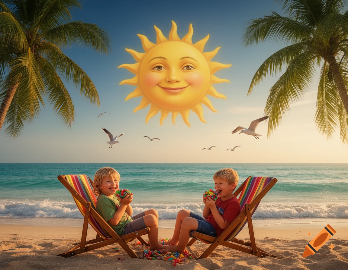 Two young boys in colorful beach chairs on a sandy beach eat candy, with a smiling sun in the sky, palm trees, and ocean waves.