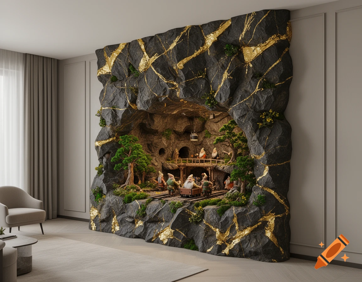 A detailed interior view of a decorative dark rock wall with gold veins and moss, featuring a fantasy diorama of dwarves mining gold.