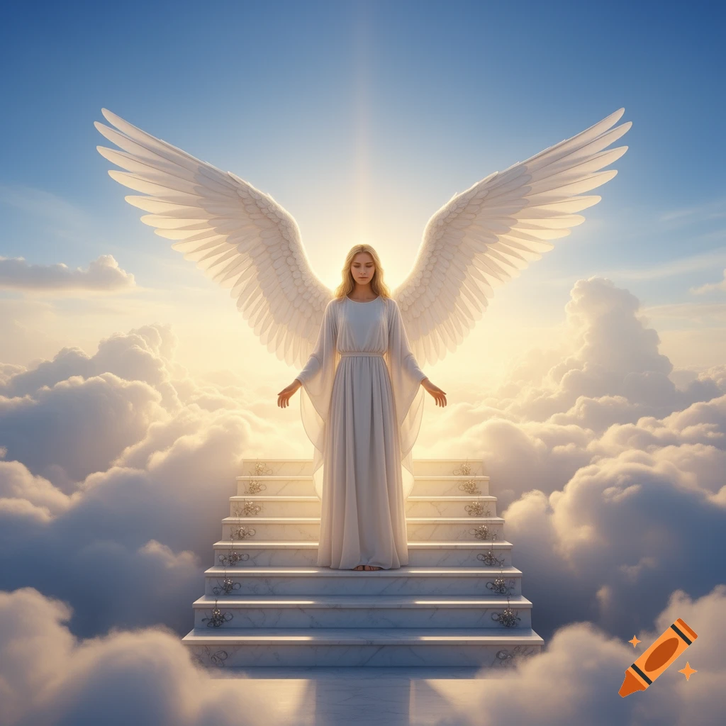 A photorealistic angel with large white wings stands on marble steps amidst clouds under a bright, divine sky.