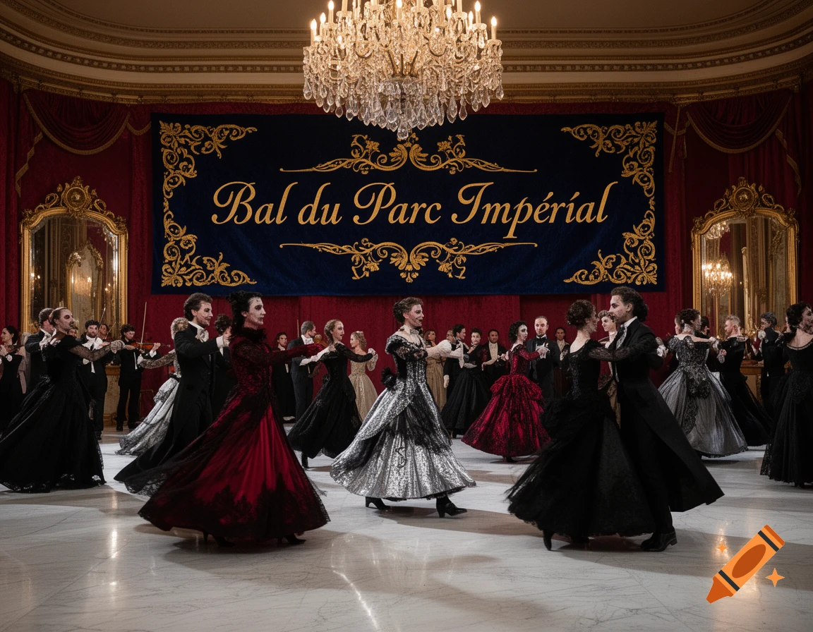 Guests in formal attire dance in a grand ballroom under a chandelier, with a banner that reads "Bal du Parc Impérial".