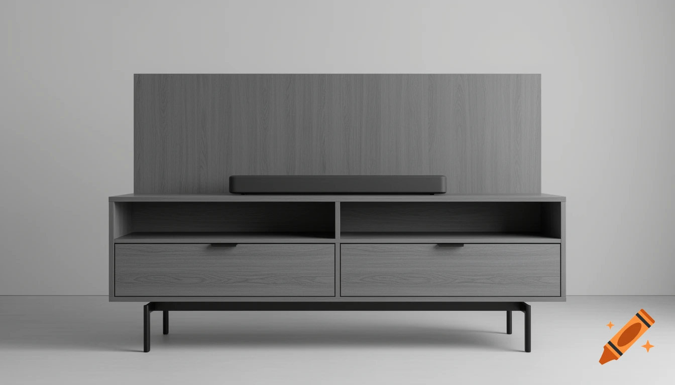 Modern ash grey TV cabinet with two drawers, two open shelves, a soundbar, and a tall back panel, on black legs.