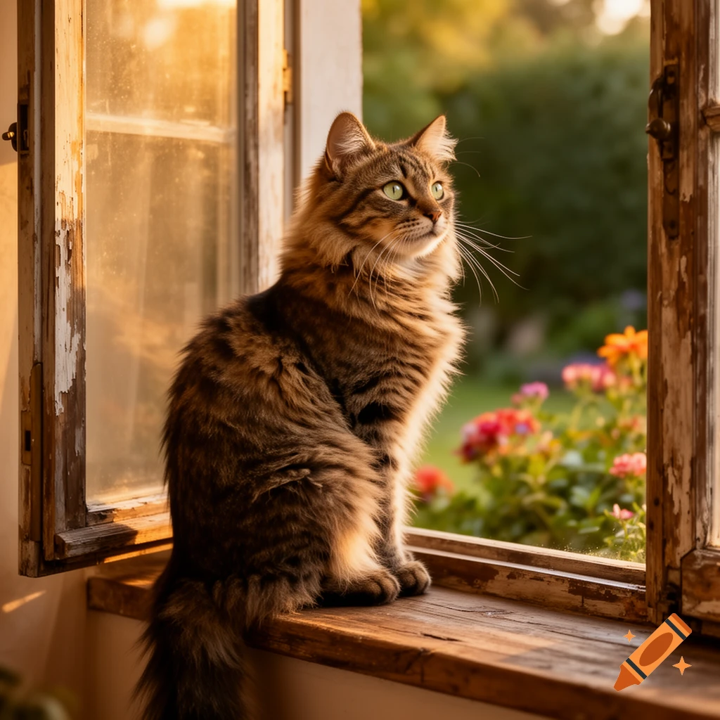 A long-haired tabby cat with green eyes sits on an old wooden windowsill, looking out at a sunlit garden with flowers.