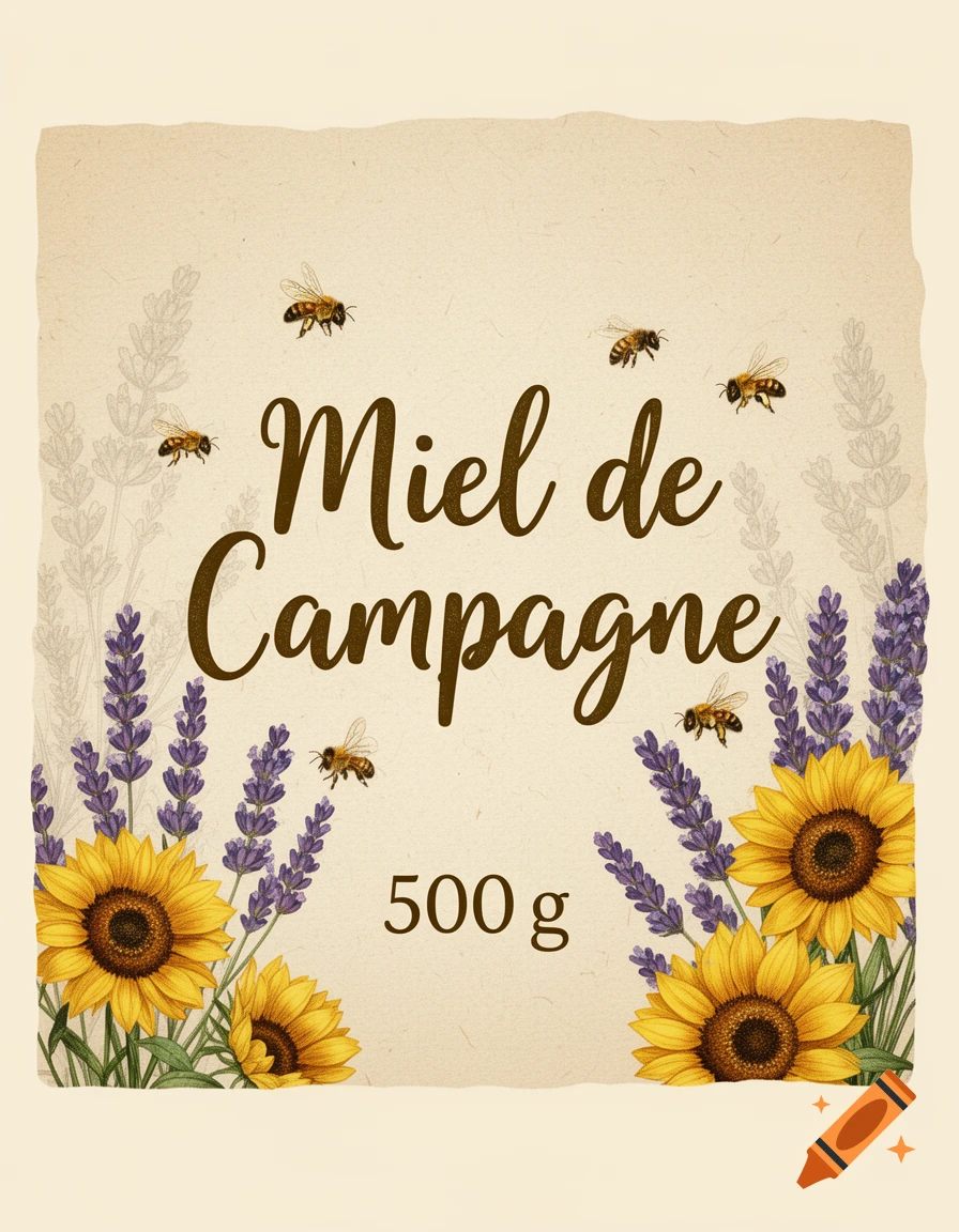 Rustic honey label with 'Miel de Campagne' and '500 g' text, surrounded by sunflowers, lavender, and bees.