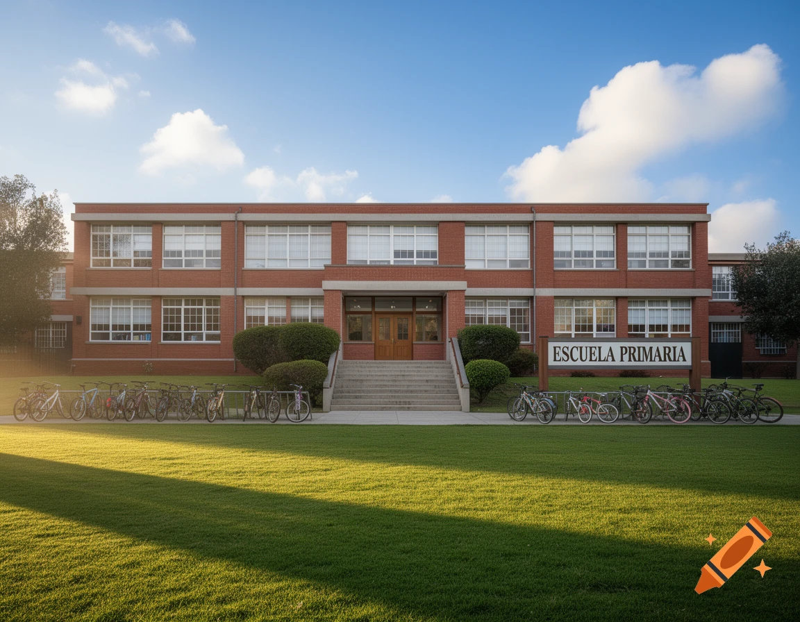 A photorealistic image of a red brick primary school building with a sign reading 'ESCUELA PRIMARIA' on a sunny day with green grass and bicycles in front.