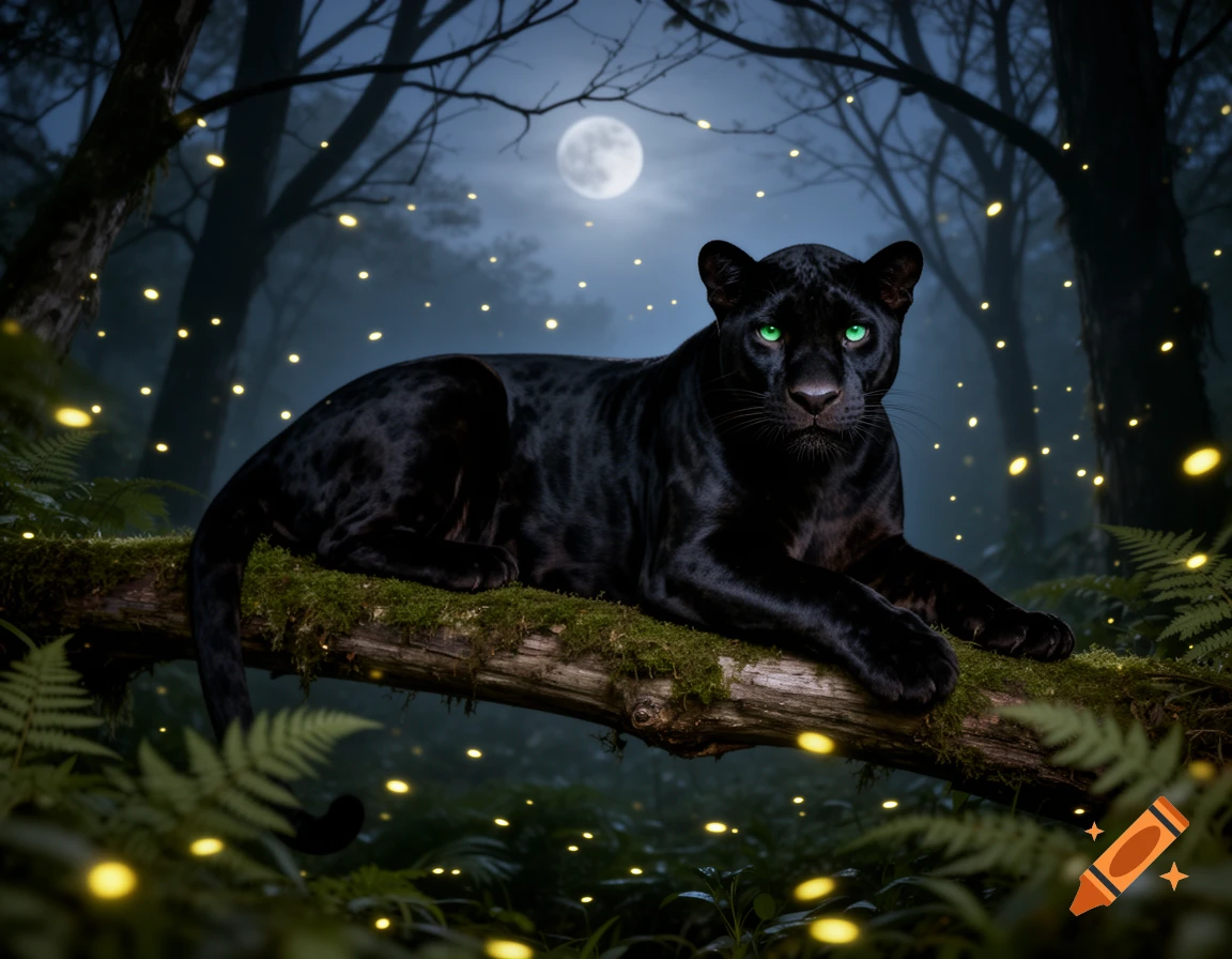 A black panther with glowing green eyes rests on a mossy branch in a dark, moonlit forest filled with twinkling fireflies.