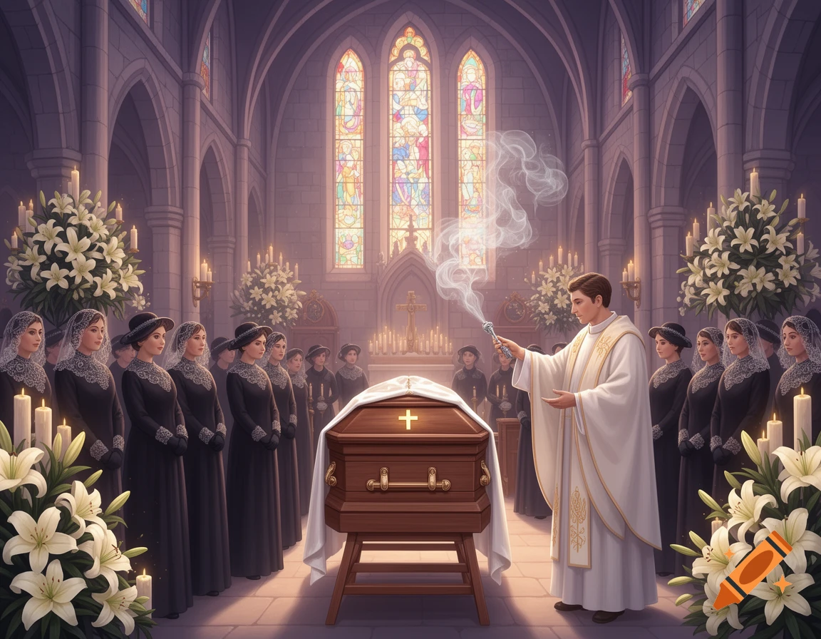 A solemn Catholic funeral takes place inside a grand church with stained glass windows. A priest in white vestments blesses a coffin with incense, while mourners in black dresses and veils stand respectfully among white lilies and candles.