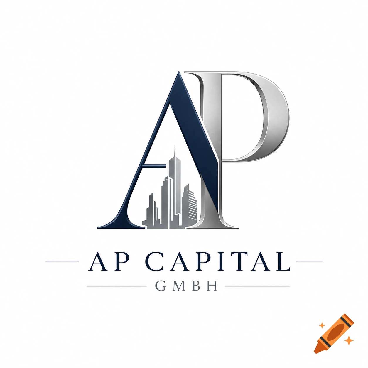 AP Capital GmbH logo with metallic letters AP, skyscrapers inside the A, and text AP CAPITAL GmbH.