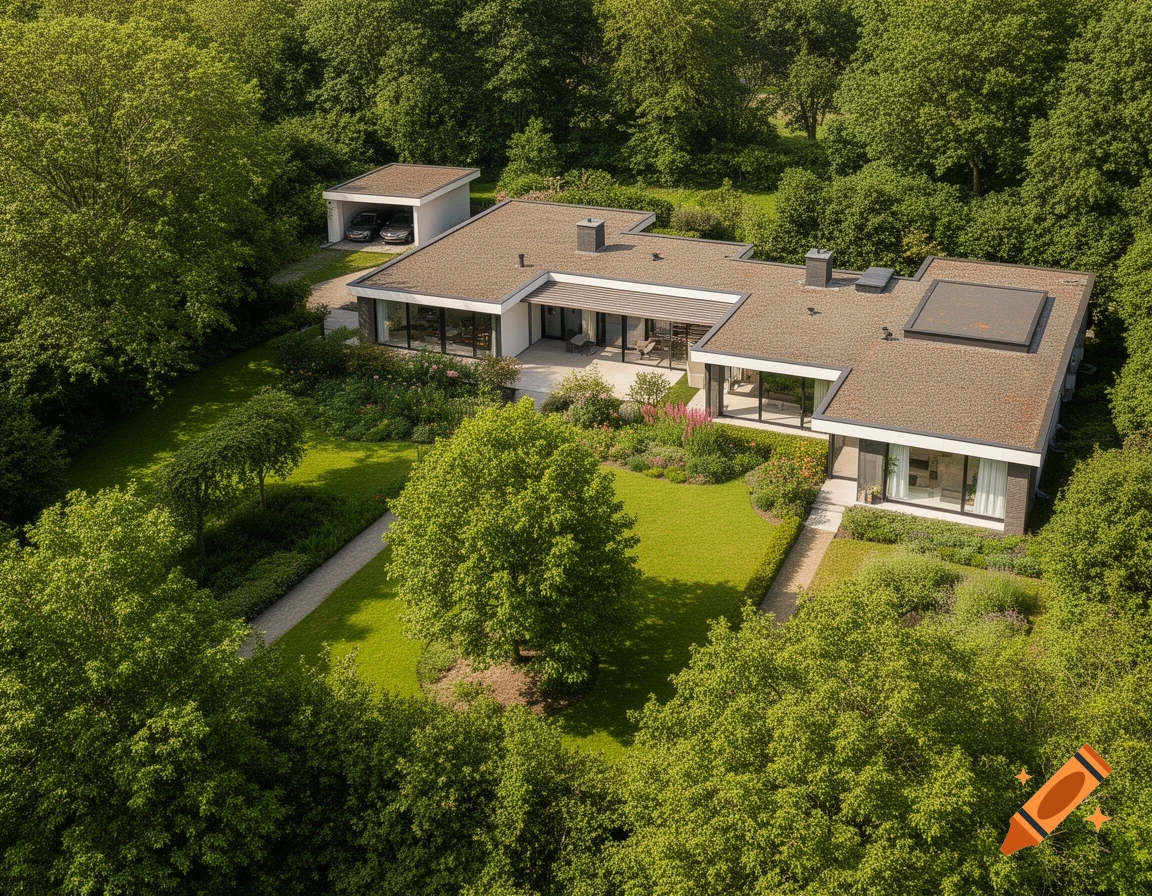 Aerial view of a modern, flat-roofed house with large windows, surrounded by a lush green garden and dense forest, featuring a separate garage.