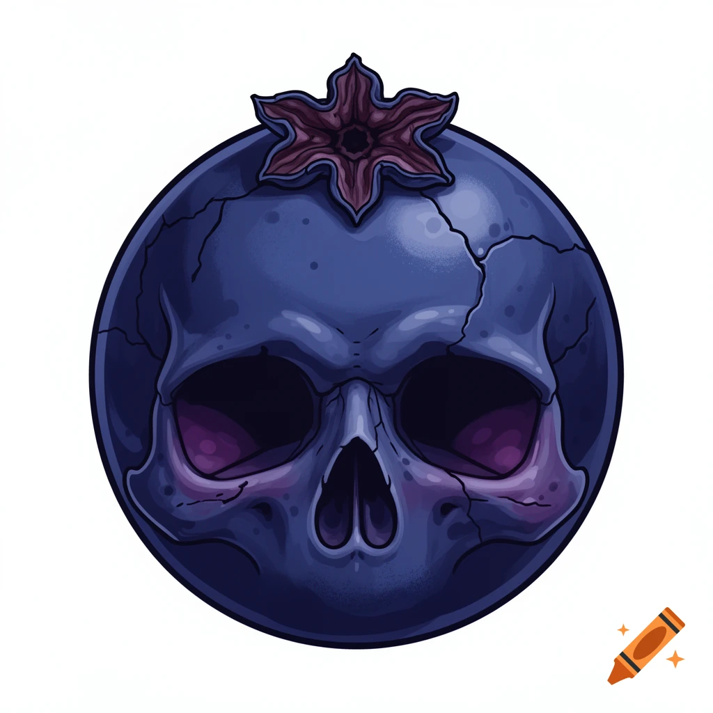 A stylized deep blue blueberry shaped like a human skull with cracks, purple undertones, and a dark, eerie aesthetic, against a white background.