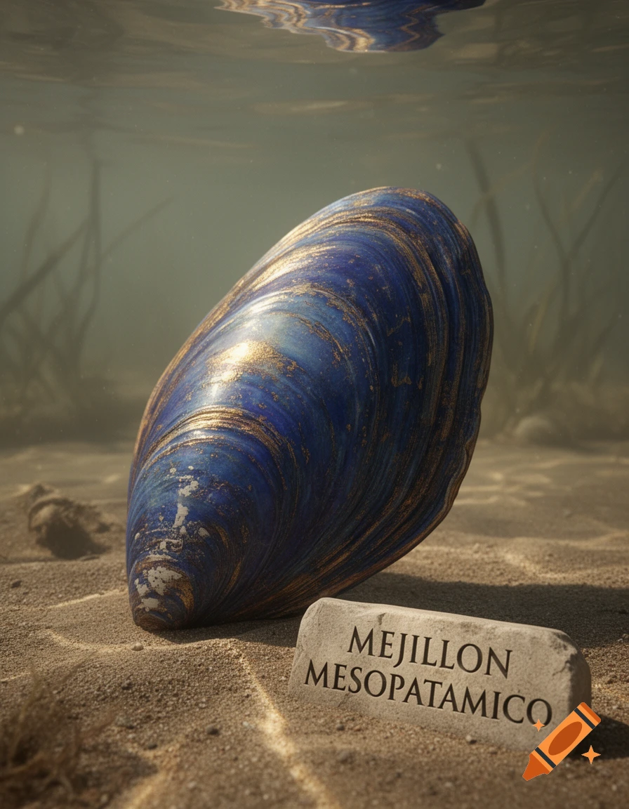 A photorealistic blue and gold mussel rests on a sandy seabed next to a stone sign that reads 'MEJILLON MESOPOTAMICO'.