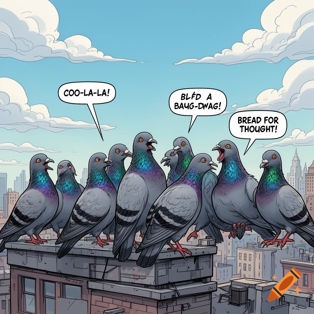 A flock of comic-style pigeons with speech bubbles standing on a city rooftop under a blue sky.