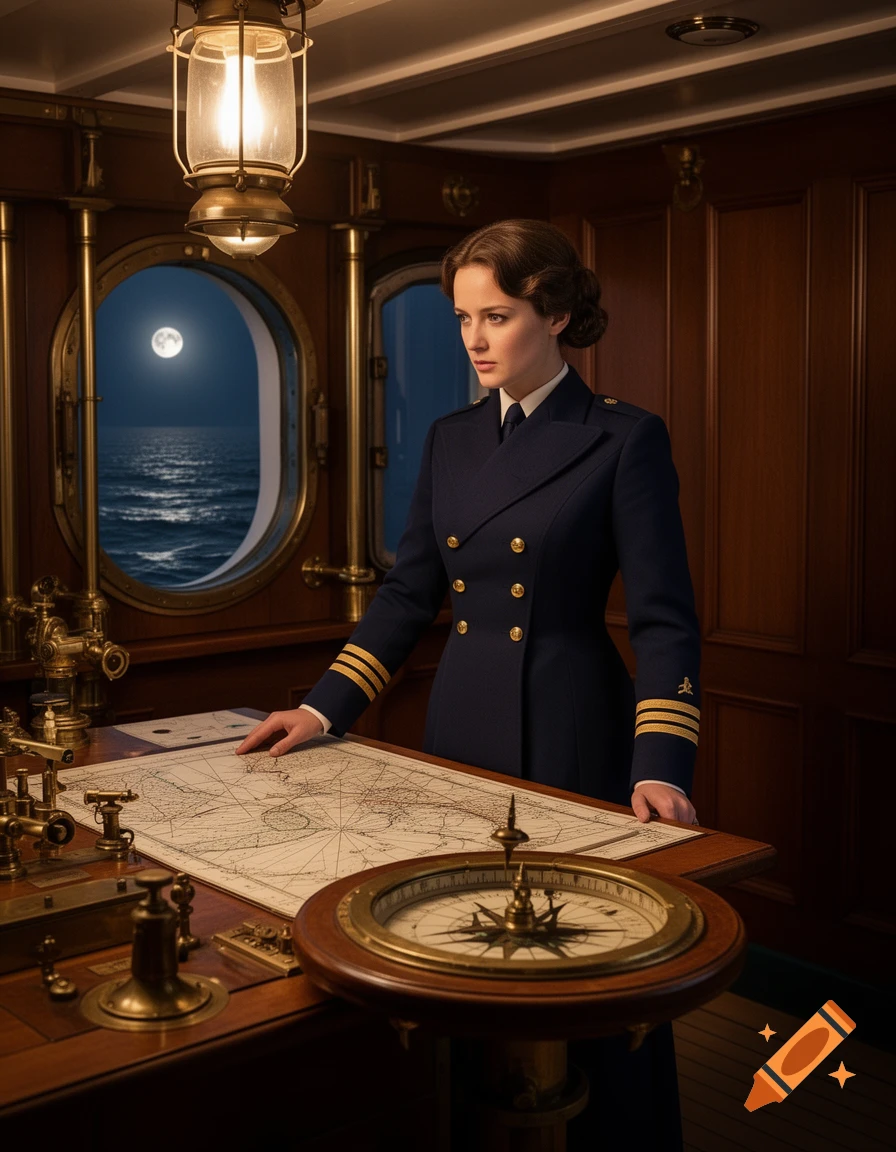 A female navigator in a dark blue uniform stands in a ship's cabin, looking at a map on a wooden table. A full moon is visible through a porthole.