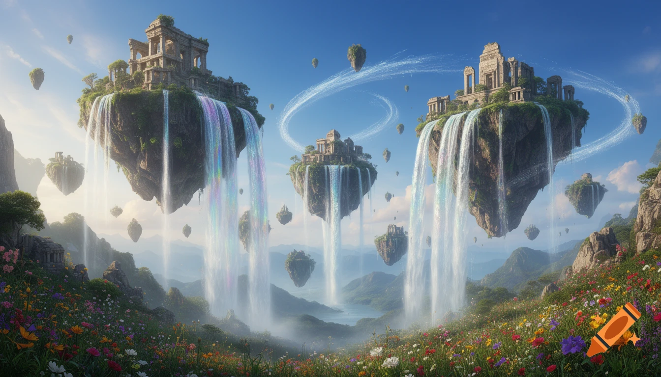 Vibrant fantasy landscape with floating islands, ancient ruins, and waterfalls cascading over a colorful flower field under a blue sky.