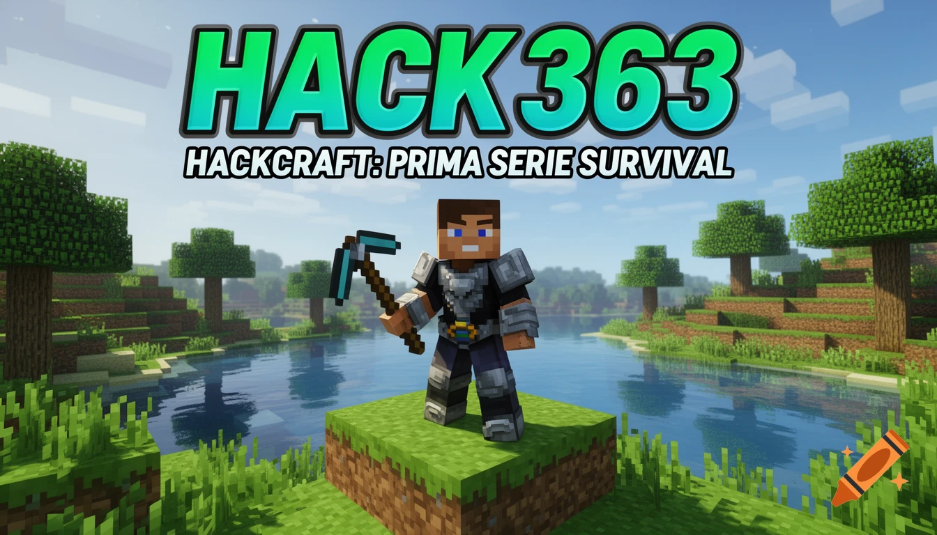 Minecraft character in armor with a pickaxe stands on a grass block, lake and trees in background. Text "HACK 363 HACKCRAFT".