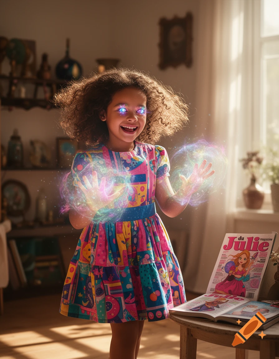A smiling young girl with curly hair, glowing eyes, and hands creating colorful magical energy in a sunlit room.